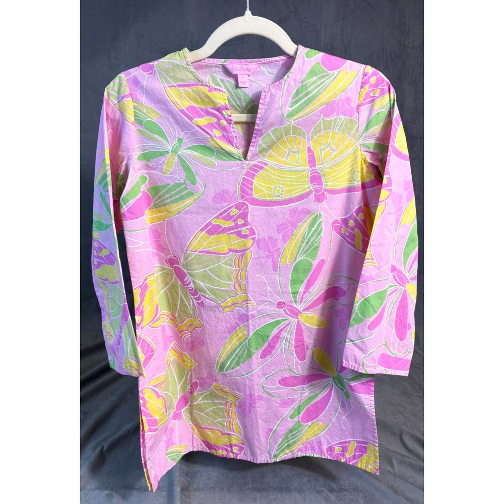 Lilly‎ Pulitzer Girls Butterfly Pink Tunic Dress 100% Cotton Beach Pool Preppy L